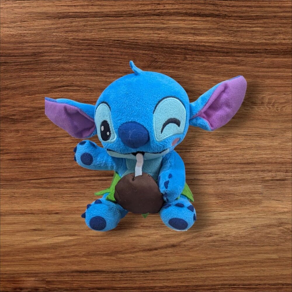 Disney Stitch Plush Toy With Coconut Drink & Green Grass Skirt‎ 7"